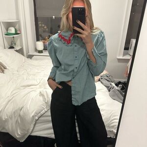 Green Checkered Blouse with Red Trim